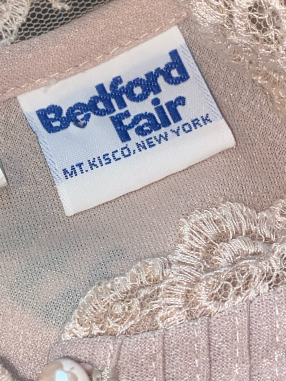 80s BEDFORD FAIR DRESS Pink & Brown Lace High Neck - Picture 6 of 8